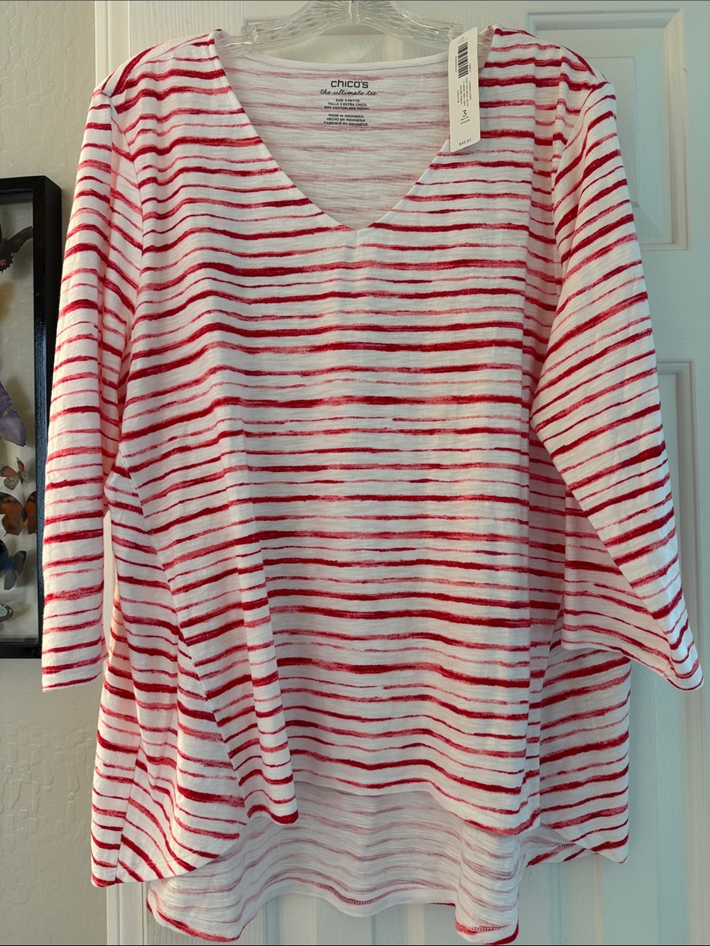 NWT Chico's Red & White Striped V-neck Tunic 3/4 Sleeve Top - Size 3